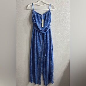 She + Sky Blue and Pink Leaf Floral Print Strapless Wide Leg Romper Jumpsuit L